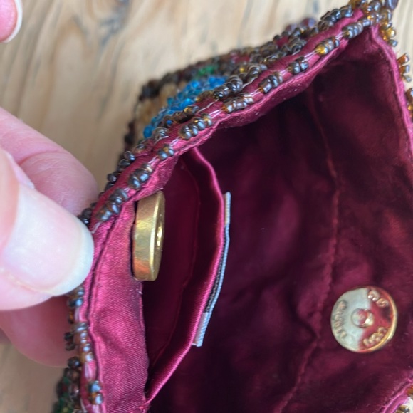 2/$30 Moyna 5”x4” Mini Beaded Bag Garnet Blue Emerald Champagne Floral Motif - Picture 5 of 12